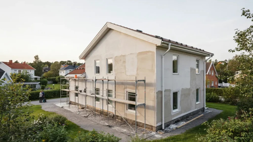 renovering och putsning av fasad p villa i kersberga ster ker